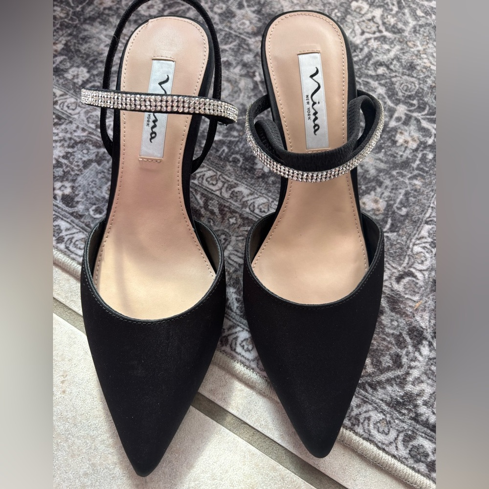 Nordstrom Nina New York Shiny Black and Rhinestone Strappy Heels
